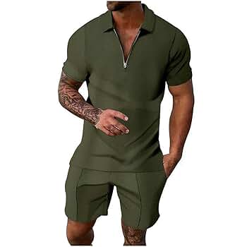 Amazon.com: Mens Waffle Knit Zipper Polo Shirt and Shorts